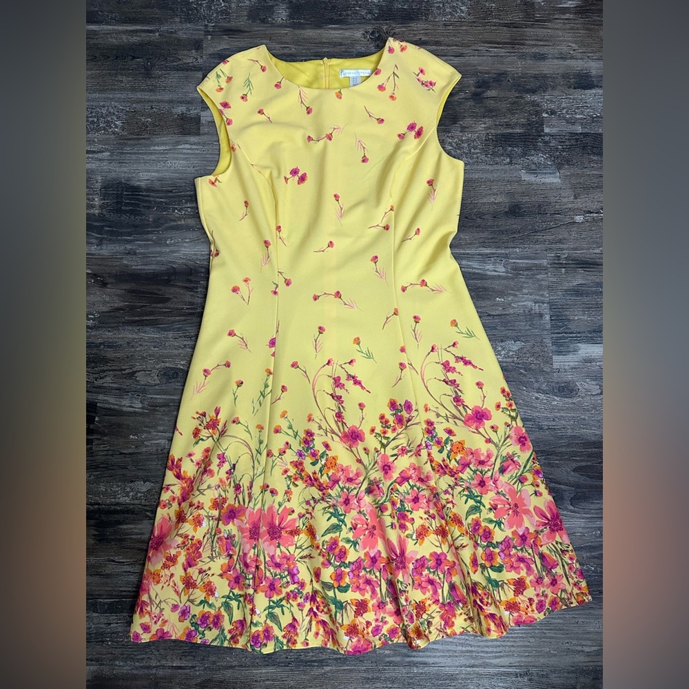London Times Women’s Yellow W/Pink Flowers A-Line Dress Size 14